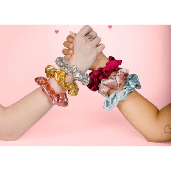 Set Of 3 Metallic Scrunchies In Gold Silver & Pink By Talking Out Of Turn - Picture 3 of 6
